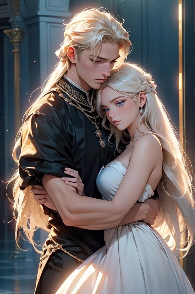 The picture shows a couple: a man and a woman. 1 man (Tall, handsome, athletic build, statuesque, courageous young male king, platinum blonde with blue eyes, long straight platinum hair, dressed in royal attire), carries in his arms a sleeping 1 woman (an incredibly beautiful young femme fatale with long golden hair, blue eyes, she is wearing a princess dress). Masterpiece, detailed study of the face, beautiful face, beautiful facial features, perfect image, realistic shots, detailed study of faces, full-length image, 8k, detailed image, extremely detailed illustration, a real masterpiece of the highest quality, with careful drawing.