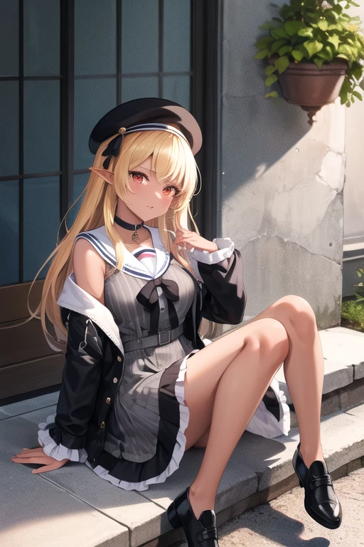 masterpiece, highest quality, High resolution, Shiranui Flare, Woman with dark skin, Dark Skin, alone, Long Hair, Blonde Hair, Striped髪, Multicolored Hair, dress, Pointed Ears, Side Lock, Have, grey dress, choker, shoes, Striped, Sailor collar, beret, Fairy, Pinstripe pattern, Black footwear, black choker, black Jacket, Long sleeve, sailor dress, Red eyes, Jacket, Black Hat, shoes下, white Sailor collar, ribbon, black ribbon, Frills, bangs, vertical stripes, Open clothes, Striped dress, open Jacket, short dress, vertical-Striped dress, clavicle, chest, Gray Hair, pendant choker, Two-tone hair, black dress 