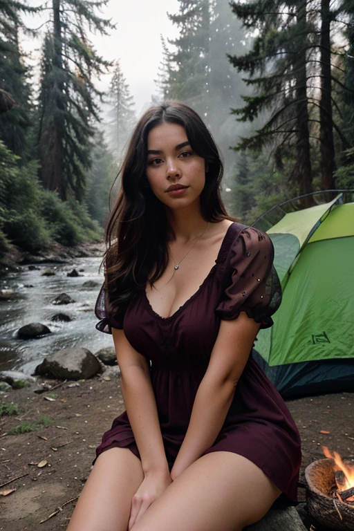 Photorealistic, ultra-high resolution, Full-body, Voluptuous, 19-year-old girl, Portrait photograph, Self-portrait, Alone, Wearing a charming baby doll dress, Outdoors, Nighttime, Camping scene, True-to-life, Cheerful and happy, Forest, Rocks, River, Campfire, Misty, Clear sky, Analog style, Looking directly at the viewer, Skin texture, Film grain, Close-up, CRUDO, Instagram LUT, Detailed shadow, True life, Ultra-realistic, Photorealism, Photography, 8k UHD, Photography.