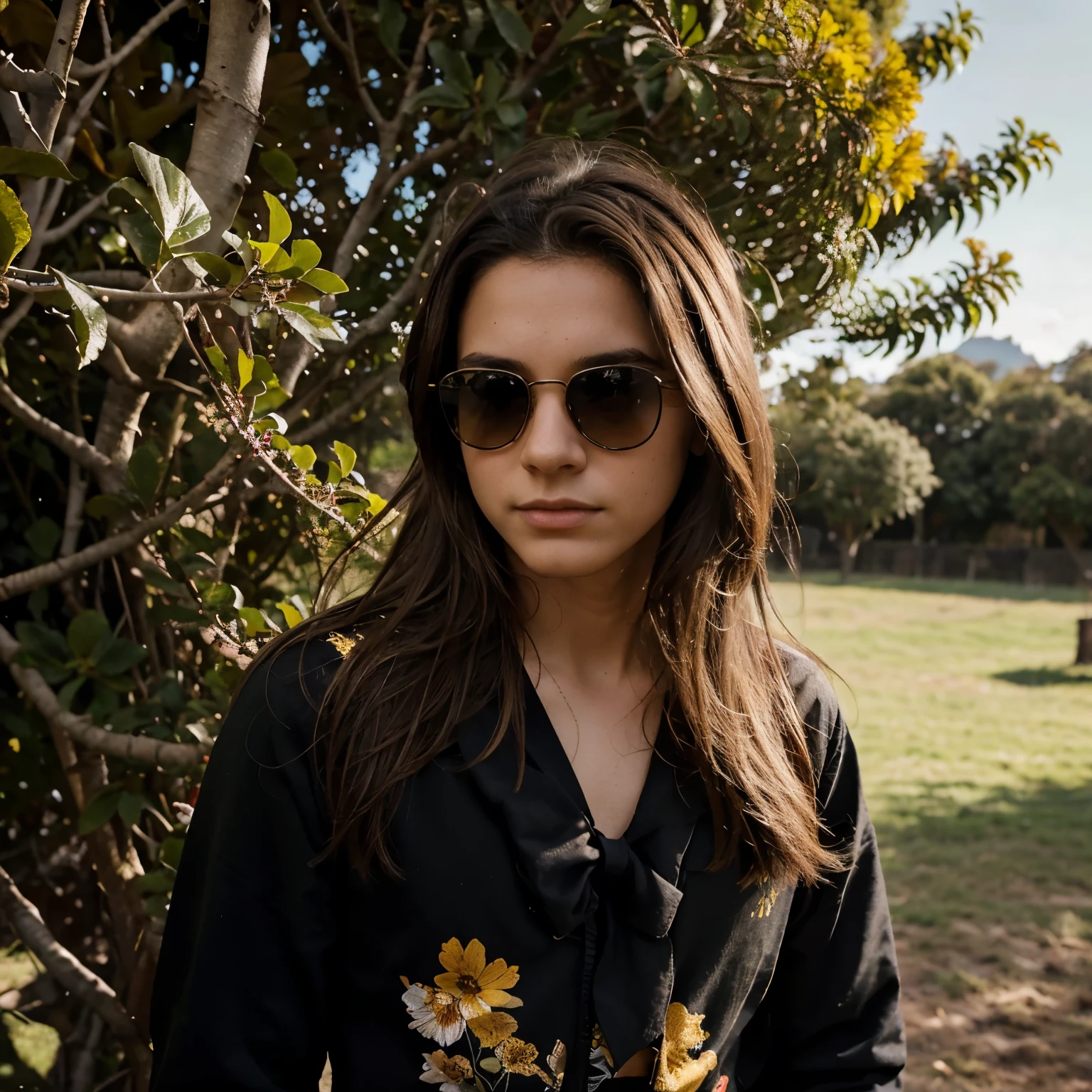 Draw a boy with long brown hair, suit with black bow,ruffle y unas Rayban wayfarer, el chico tiene la mano al frente y en la palma un ojo que brilla, y de fondo pon un campo de flores mientras hay un atardecer amarillo 