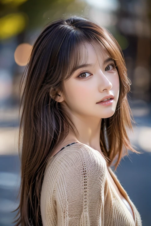 ((highest quality)), ((masterpiece)), (detailed), Perfect Face、Perfect body、Light brown hair、Beautiful Skin、Cleavage、girlfriend on date、Russian Beauty、(masterpiece:1.3), (8k, Photorealistic, Raw photo, Best image quality: 1.4), (Random Hairstyles:1.2)、Cleavage:1.2、Super detailed face、Attention to detail、double eyelid、Put your chest together、Sharp focus:1.2、Beautiful woman:1.4、Light brown hair、highest quality、masterpiece、 high resolution、(Photorealistic:1.4)、非常にdetailedでプロフェッショナルな照明の笑顔、Loose, lightweight knitwear、Shoulders out、thin、Serious expression、Deadly position