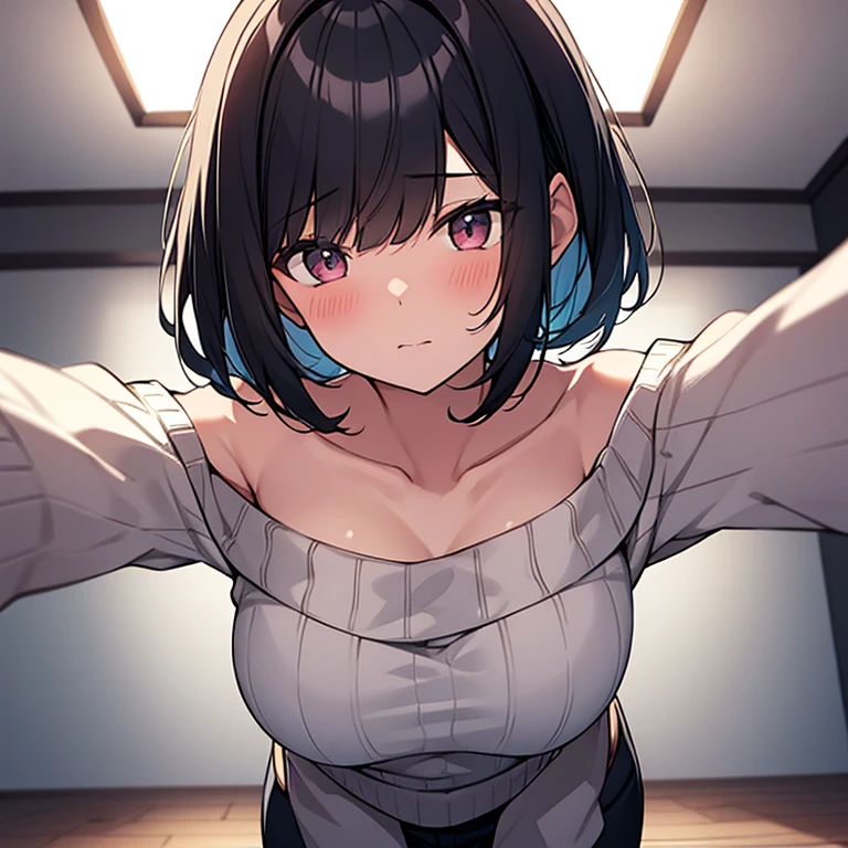 Masterpiece, Top quality, Worm eye view:1.5 ,kabedon pov, looking down,1 beautiful girl, straddling ,on all fours, (reaching out her arms :1.2), black hair, short hair, wave hair,15 year old, medium breasts, standard weight,  (Off-the-shoulder sweater:1.3), blush :1.5, (beautiful scene of ceiling) ,upper body