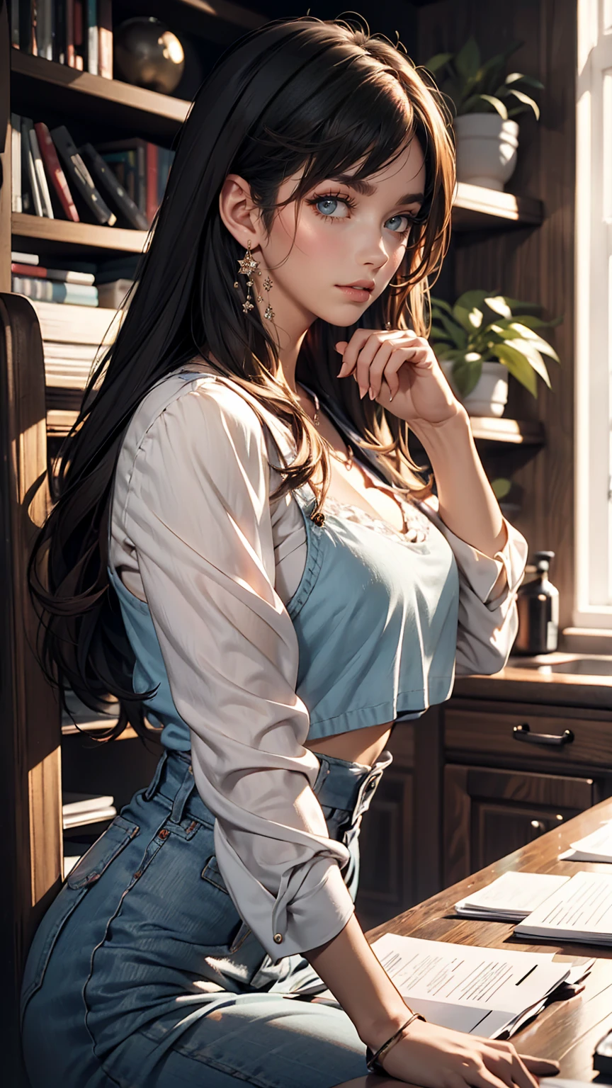 .I'm in a stylish cafe with lots of windows.、Half-length photo of a pretty and attractive woman ::3 trends, Showing off her perfect figure、Modern, form-fitting clothing ::2 Canon 6D Mark II 85mm Lens(f)Photos taken at/ 4 and ISO 100 ::3 Glamour Shot, Award-winning photo, Sharp focus, Dynamic Lighting ::1
