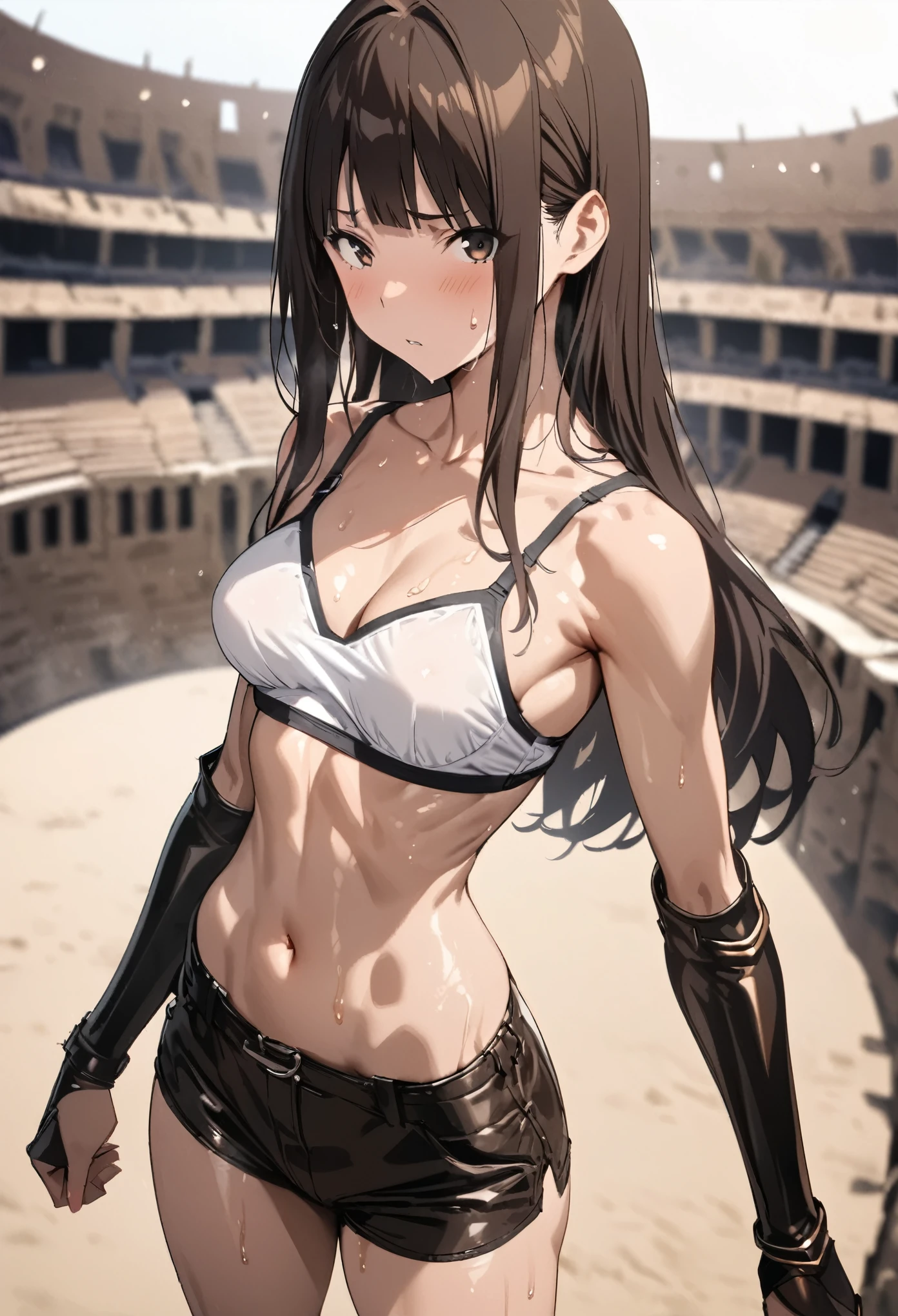 ((masterpiece, highest quality:1.2)), in perspective,cowboy shot,1woman,20 year old beauty,solo,((very small head)),long hair,dark brown hair,brown eyes,blunt,((very long and slender body)),toned body,skinny,medium breasts,oily skin,shiny skin,strong,sweat,White tube top bra、navel、Leather micro shorts、Leather Gauntlets、Fighting with fists、Ancient Arena、Colosseum、