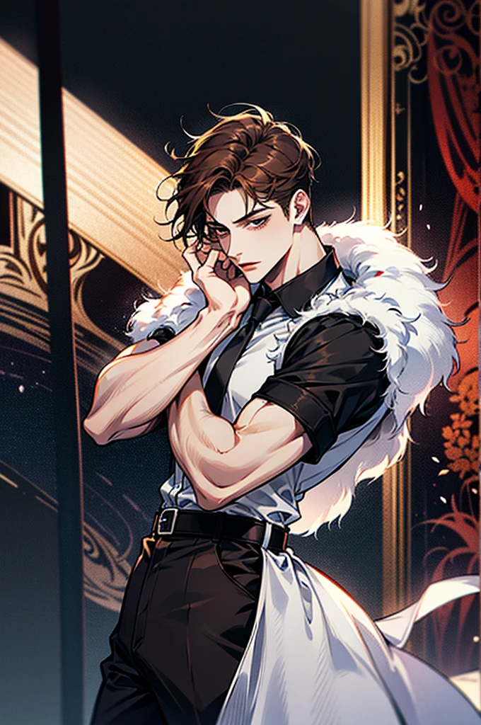 man, muscular body, 27 years old, no beard, black eyes, pale skin, brown hair, straight hair, short hair, red lips, big butt, huge chest, wears white dress shirt, black dress pants