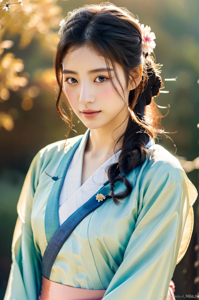 ( masterpiece, top quality, best quality,8k,years old girl,ultra detailed,raw photo:1.5),(photorealistic:1.4), (cinematic lighting), PerfectNwsjMajic, , Surrealism, UHD, ccurate, Super detail, textured skin, High detail, Best quality, dynamic angle, White skin,[Beautiful blue eyes], high nose,(1girl),(good anatomy:0.5)), Dreamy atmosphere,expressive brush strokes, mystical ambiance, Artistic interpretation, a whimsical illustration, Subtle colors and tones, mystical aura, Woman wearing traditional Korean costume,(hanbok:1.3), Joseon dynasty, jeogori,chima,and the po,portrait,(hairstyle1.5), flower,warm sun,face, tender 