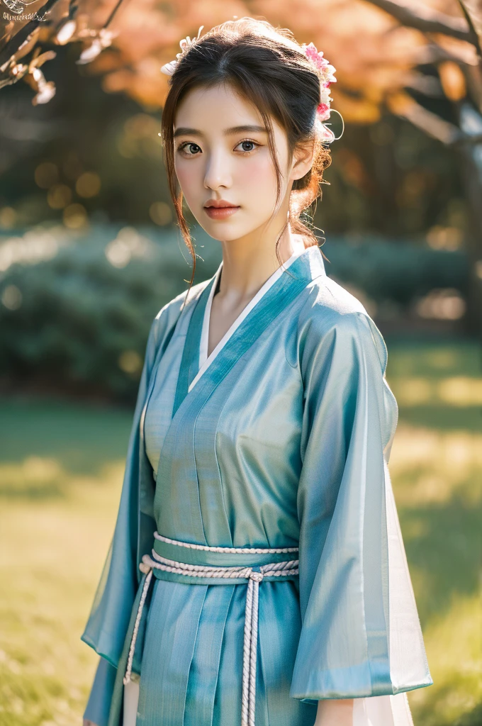 ( masterpiece, top quality, best quality,8k,years old girl,ultra detailed,raw photo:1.5),(photorealistic:1.4), (cinematic lighting), PerfectNwsjMajic, , Surrealism, UHD, ccurate, Super detail, textured skin, High detail, Best quality, dynamic angle, White skin,[Beautiful blue eyes], high nose,(1girl),(good anatomy:0.5)), Dreamy atmosphere,expressive brush strokes, mystical ambiance, Artistic interpretation, a whimsical illustration, Subtle colors and tones, mystical aura, Woman wearing traditional Korean costume,(hanbok:1.3), Joseon dynasty, jeogori,chima,and the po,portrait,(hairstyle1.5), flower,warm sun,face, tender 