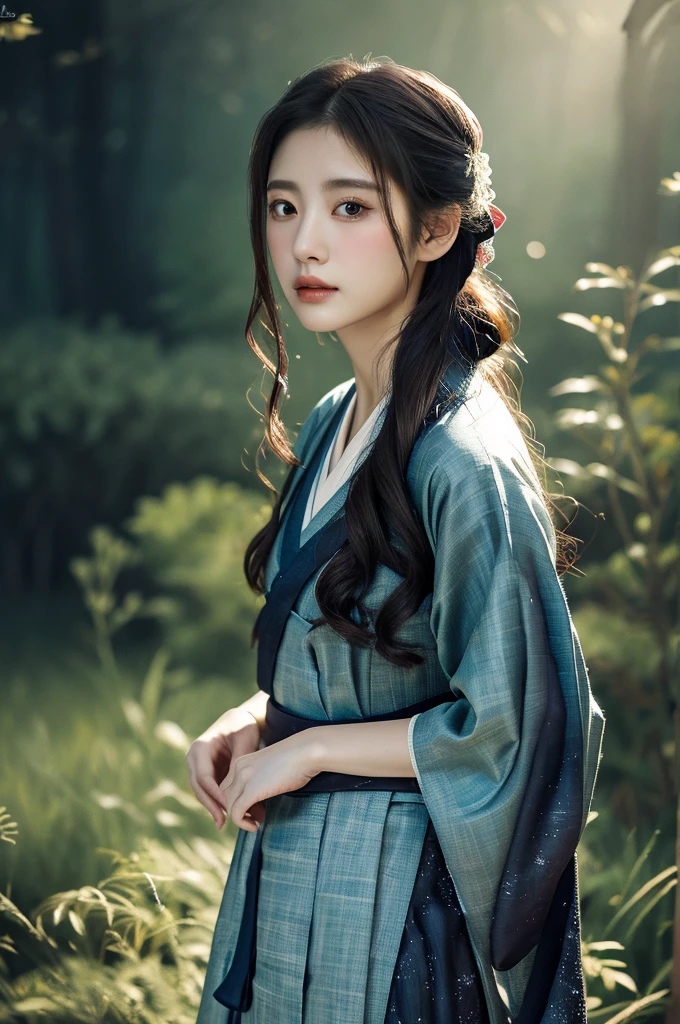 ( masterpiece, top quality, best quality,8k,years old girl,ultra detailed,raw photo:1.5),(photorealistic:1.4), (cinematic lighting), PerfectNwsjMajic, , Surrealism, UHD, ccurate, Super detail, textured skin, High detail, Best quality, dynamic angle, White skin,[Beautiful blue eyes], high nose,(1girl),(good anatomy:0.5)), Dreamy atmosphere,expressive brush strokes, mystical ambiance, Artistic interpretation, a whimsical illustration,dark, Subtle colors and tones, mystical aura, Woman wearing traditional Korean costume,(hanbok:1.3), Joseon dynasty, jeogori,chima,and the po,portrait, assassin, small knife, strong 