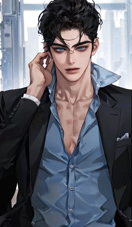 21 years old guy, handsome, mature, black hair, blue eyes, cool, very tall, casual, use glasses, rich, perfect face, detailed face, aesthetic, athletic body, sexy