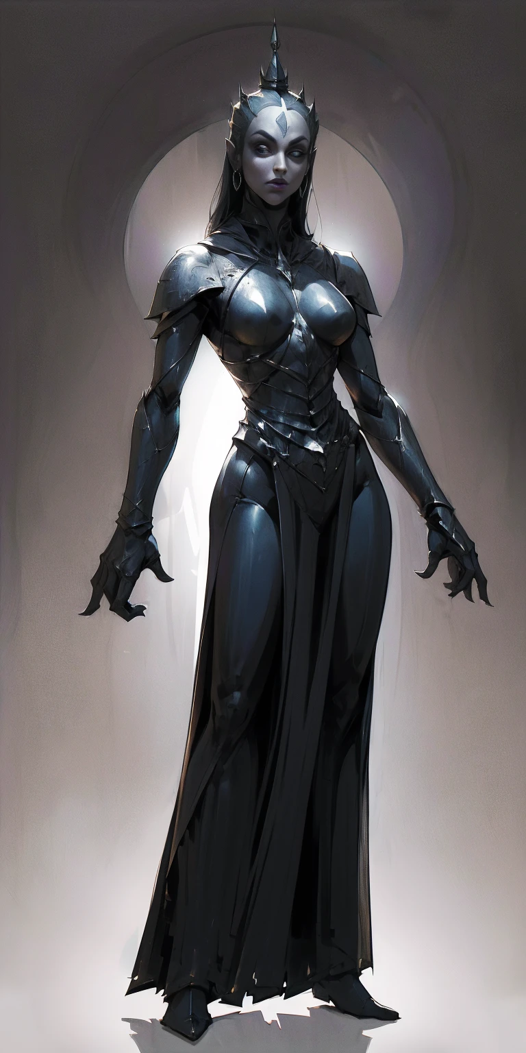 (plain background) full body looking to viewer standing straight symmetrical against contrapposto