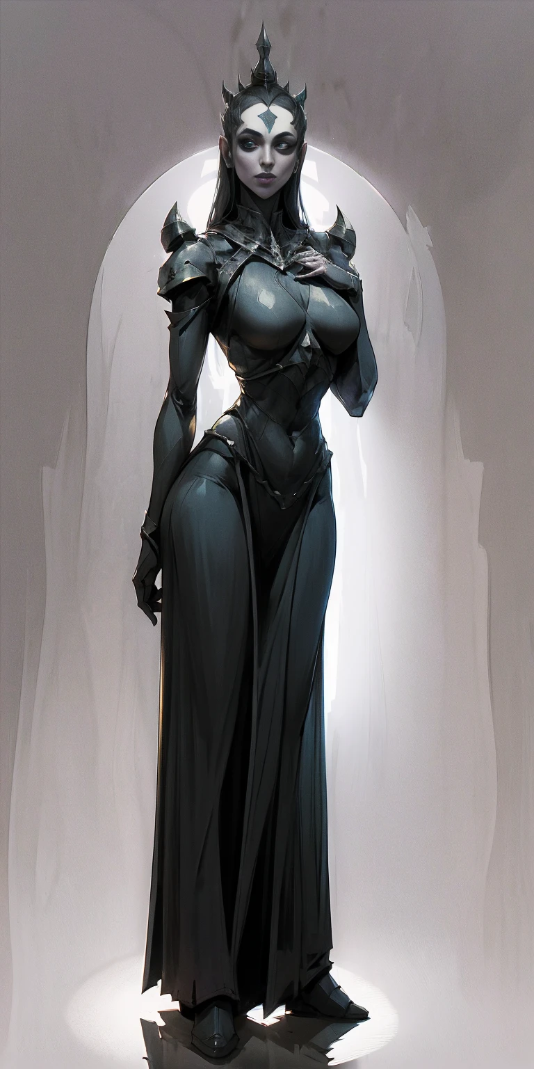  (plain background) full body looking to viewer standing straight symmetrical against contrapposto