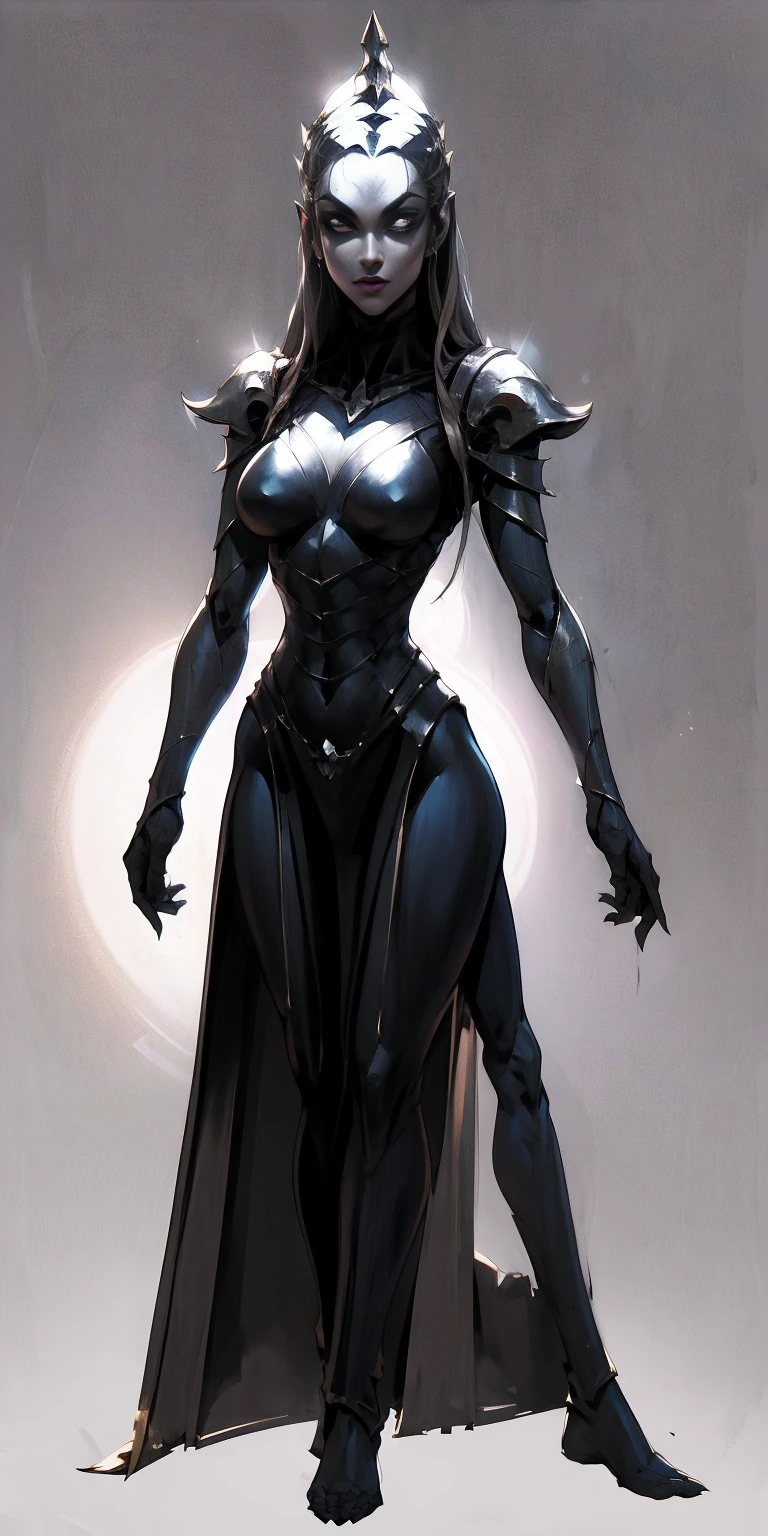  (plain background) full body looking to viewer standing straight symmetrical against contrapposto