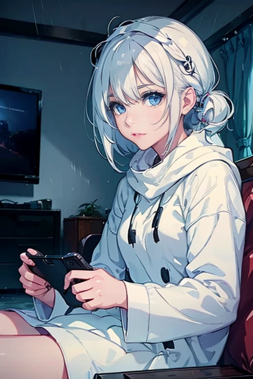 1girl,solo,cute,white hair and medium hair,blue eyes,she plays video game,sitting a sofa,brown sofa,in house,outside rainy