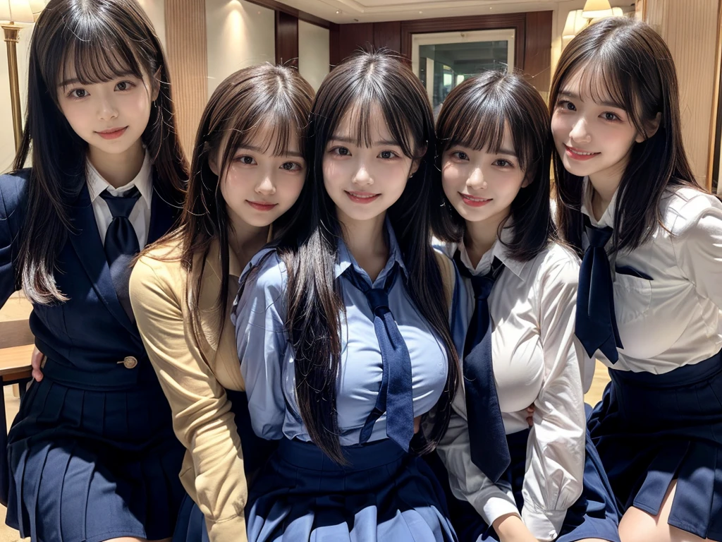 (8K, Raw photography, top-quality, ​masterpiece:1.2),  ((3 beatiful girls))、.（Realistic Skins 1.4）、（（（female high-school student、School Uniforms、）））、{{‎(The background is a luxury hotel room}}（（School Uniforms、white Cutter shirt、darkblue pleatedskirt))、（(long hair)）、((One has short hair)),（A dark-haired、The forehead is hidden by bangs、）、Black eyes、shinny skin.Beautiful delicate face、Beautiful delicate eyes、｛Voluptuous body shape、Thicker thighs｝、One piercing in each ear、((smile:1.3)),((large breasts)), ((navy blue tie)) ,looking at camera, ((close up))