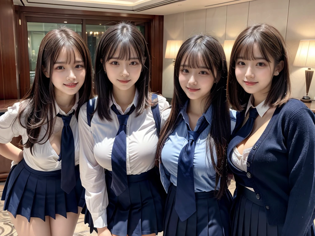 (8K, Raw photography, top-quality, ​masterpiece:1.2),  ((3 beatiful girls))、.（Realistic Skins 1.4）、（（（female high-school student、School Uniforms、）））、{{‎(The background is a luxury hotel room}}（（School Uniforms、white Cutter shirt、darkblue pleatedskirt))、（(long hair)）、((One has short hair)),（A dark-haired、The forehead is hidden by bangs、）、Black eyes、shinny skin.Beautiful delicate face、Beautiful delicate eyes、｛Voluptuous body shape、Thicker thighs｝、One piercing in each ear、((smile:1.3)),((large breasts)), ((navy blue tie)) ,looking at camera, ((close up))