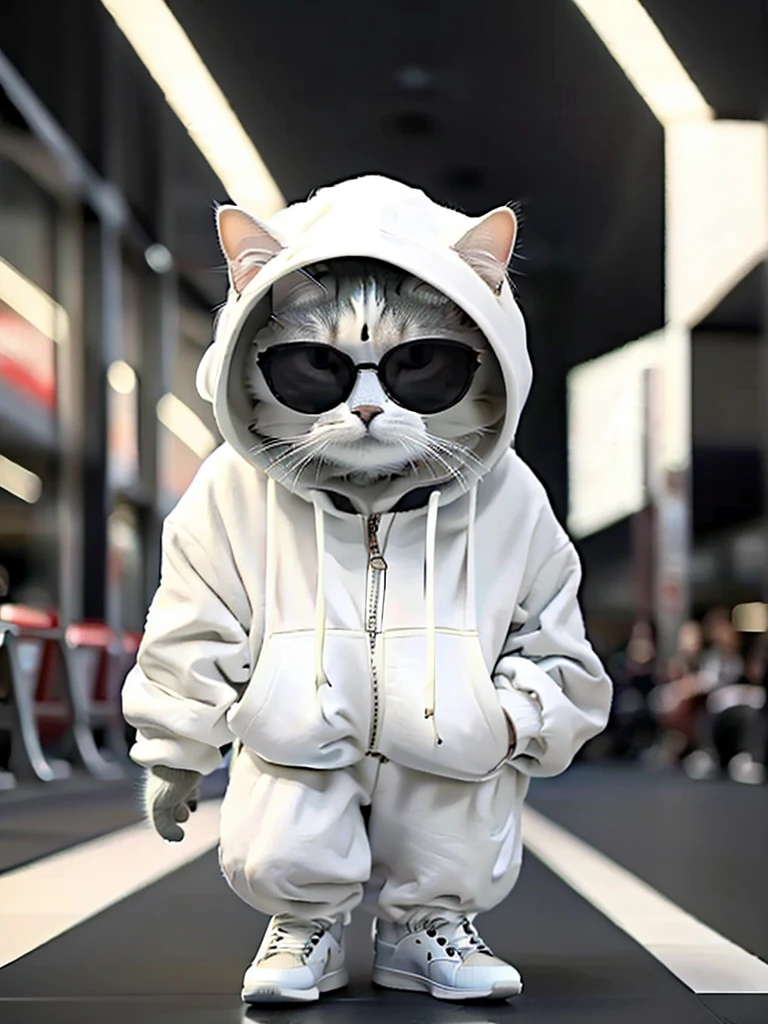 masterpiece, highest quality, cute cat, Wearing a casual hooded suit:black, White sneakers, Wearing sunglasses、Cool expression, Cute digital illustration art,