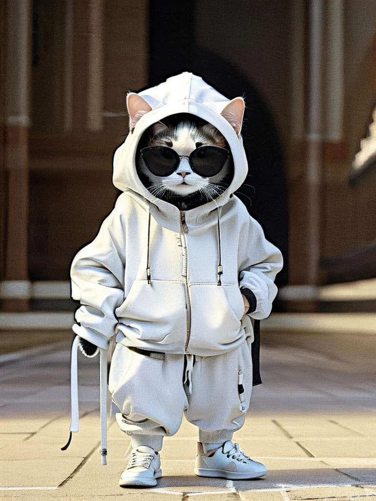 masterpiece, highest quality, cute cat, Wearing a casual hooded suit:black, White sneakers, Wearing sunglasses、Cool expression, Cute digital illustration art,