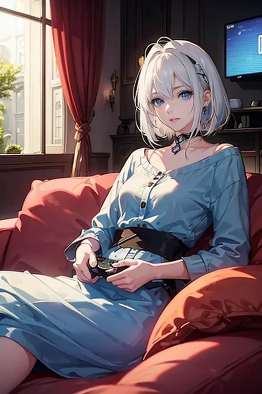 1girl,solo,cute,white hair and medium hair,blue eyes,she plays video game,hold a controller,sitting a sofa,brown sofa,in house,living room,outside rainy,window