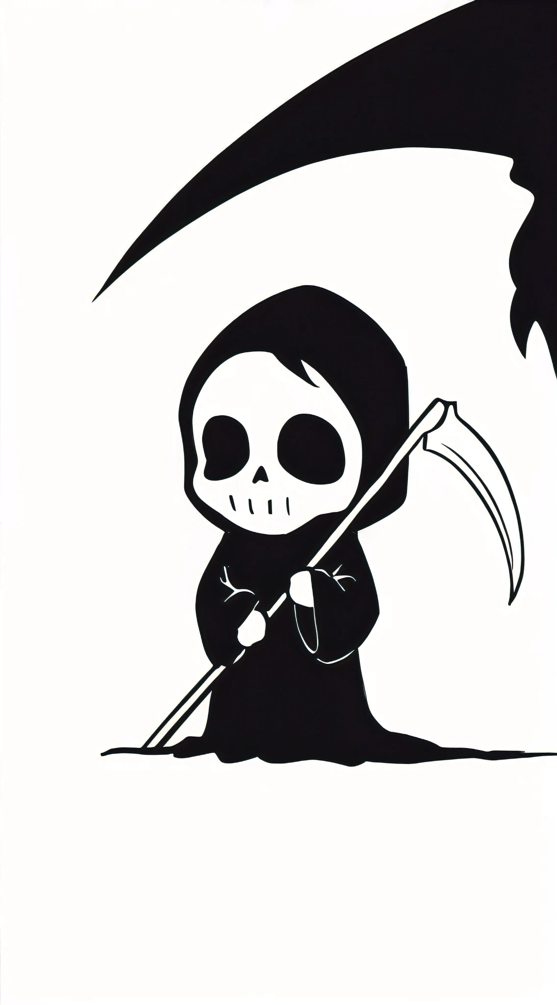 A minimalistic chibi illustration of the faceless Grim Reaper. The Grim Reaper is depicted as a simple black and white silhouette, with only the most basic lines used to create the character. The Reaper is wearing a black robe and holding a scythe in a casual manner. The background is stark white, emphasizing the simplicity and emptiness of the scene. The overall aesthetic is reminiscent of a classic Japanese Manga style.