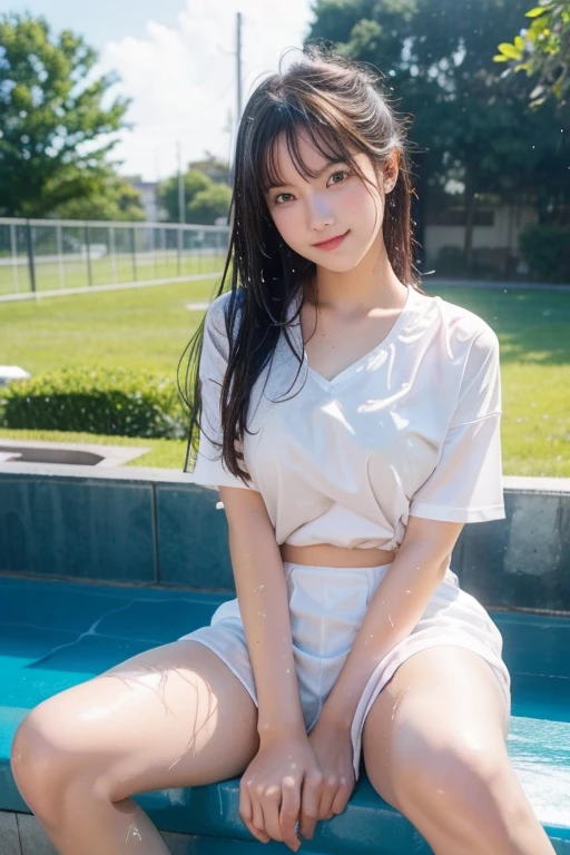 Sitting with legs crossed, Ecstatic expression, Cute junior high school girl, Looking at me, Sexy face, With legs apart, Open your legs, Wearing open-chested clothing, Big breasted, Wet, Soaking wet, Volleyball Club