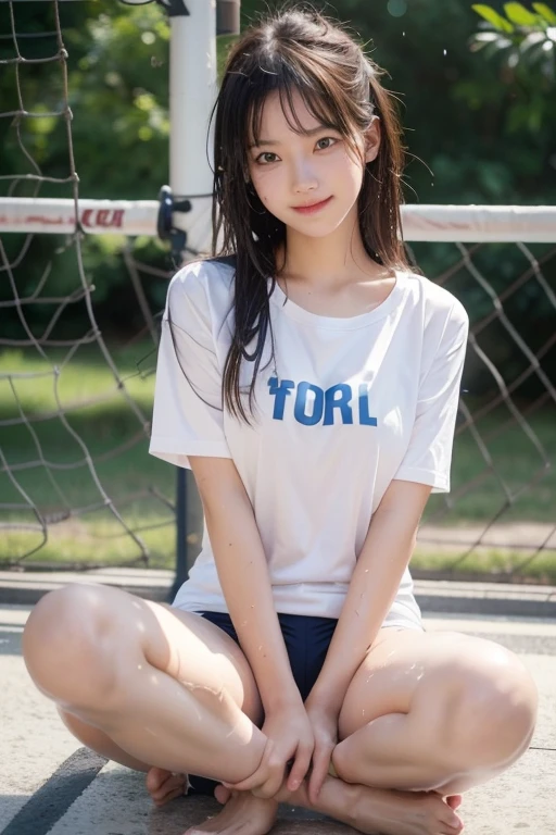 Sitting with legs crossed, Ecstatic expression, Cute junior high school girl, Looking at me, Sexy face, With legs apart, Open your legs, Wearing open-chested clothing, Big breasted, Wet, Soaking wet, Volleyball Club