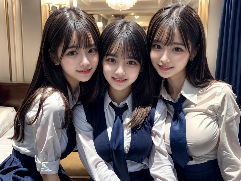 (8K, Raw photography, top-quality, masterpiece:1.2), ((3 beatiful girls))、.(Realistic Skins 1.4)、(((female high-school student、School Uniforms、)))、{{(The background is a luxury hotel room}}((School Uniforms、white Cutter shirt、darkblue pleatedskirt))、((There are girls with all kinds of hairstyles.)),(A dark-haired、The forehead is hidden by bangs、)、Black eyes、shinny skin.Beautiful delicate face、Beautiful delicate eyes、{Voluptuous body shape、Thicker thighs}、One piercing in each ear、((smile:1.3)),((large breasts)), ((navy blue tie)) ,looking at camera, ((close up))