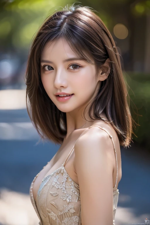 ((highest quality)), ((masterpiece)), (detailed), Perfect Face、Perfect body、Light brown hair、Beautiful Skin、Cleavage、girlfriend on date、Russian Beauty、(masterpiece:1.3), (8k, Photorealistic, Raw photo, Best image quality: 1.4), (Random Hairstyles:1.2)、Cleavage:1.2、Super detailed face、Attention to detail、double eyelid、Put your chest together、Sharp focus:1.2、Beautiful woman:1.4、Light brown hair、highest quality、masterpiece、 high resolution、(Photorealistic:1.4)、非常にdetailedでプロフェッショナルな照明の笑顔、Loose dress、Shoulders out、thin、Serious expression、Deadly position