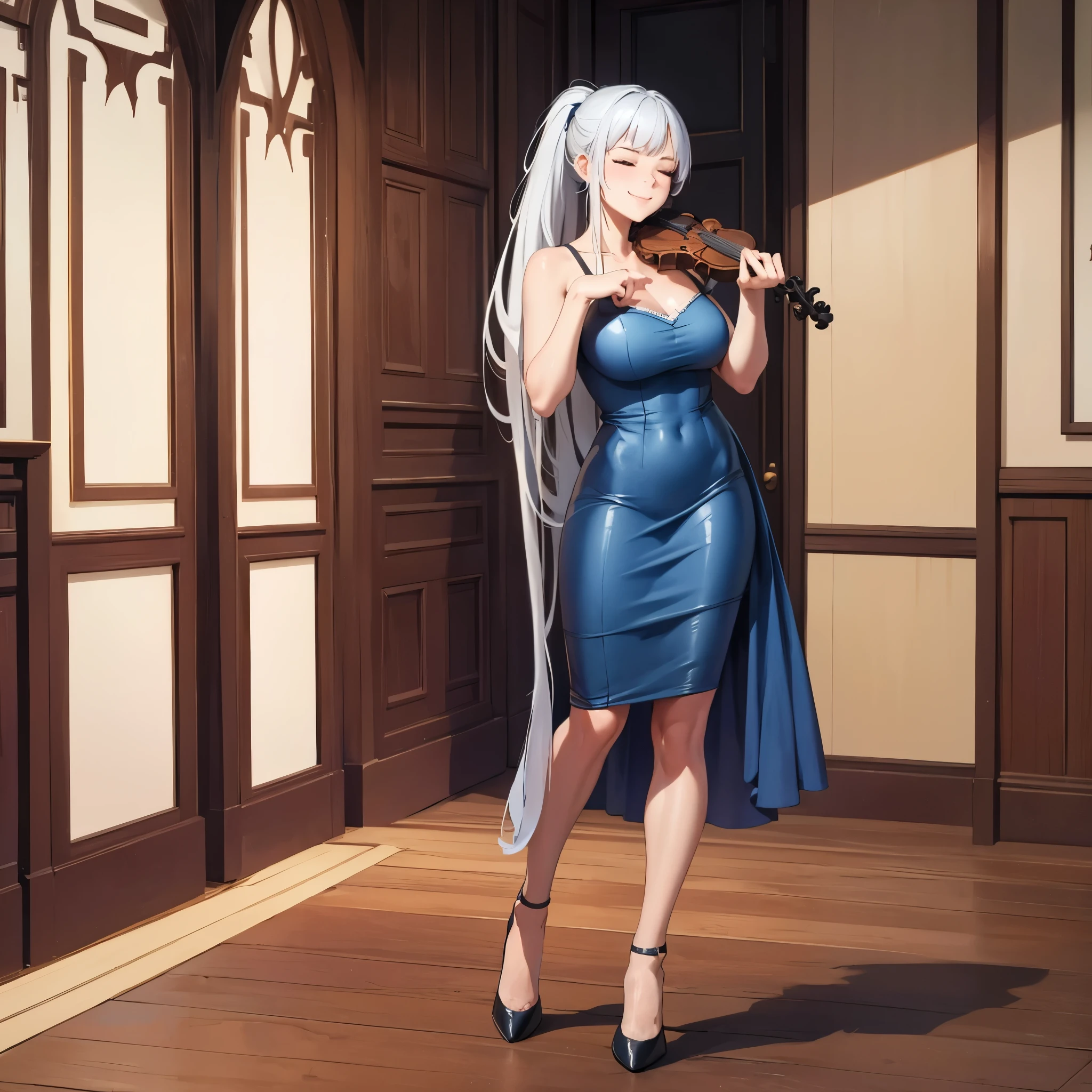 A woman wearing an oil blue dress, shoulders free, holding a violin, black heels, long white hair, ponytail hair, smiling, eyes closed, in a luxurious room, with gray wood wall, white marble floor,full body,stereogram, tachi-e, point of view, atmospheric perspective, 8k, superdetail, accurate, best quality, award-winning, textured skin, high resolution, anatomically correct, bokeh effect, ((woman solo).
