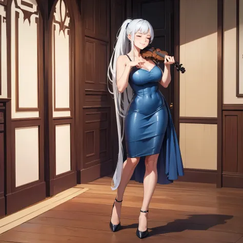 a woman wearing an oil blue dress, shoulders free, holding a violin, black heels, long white hair, ponytail hair, smiling, eyes ...