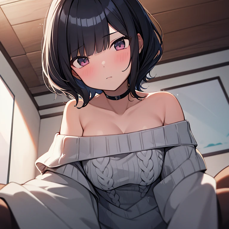 Masterpiece, Top quality, Worm eye view:1.5 ,kabedon pov, looking down,1 beautiful girl, straddling ,on all fours, black hair, short hair, wave hair,15 year old, medium breasts, standard weight,  (Off-the-shoulder sweater:1.3), blush :1.5, (beautiful scene of ceiling) ,close up of face:1.2