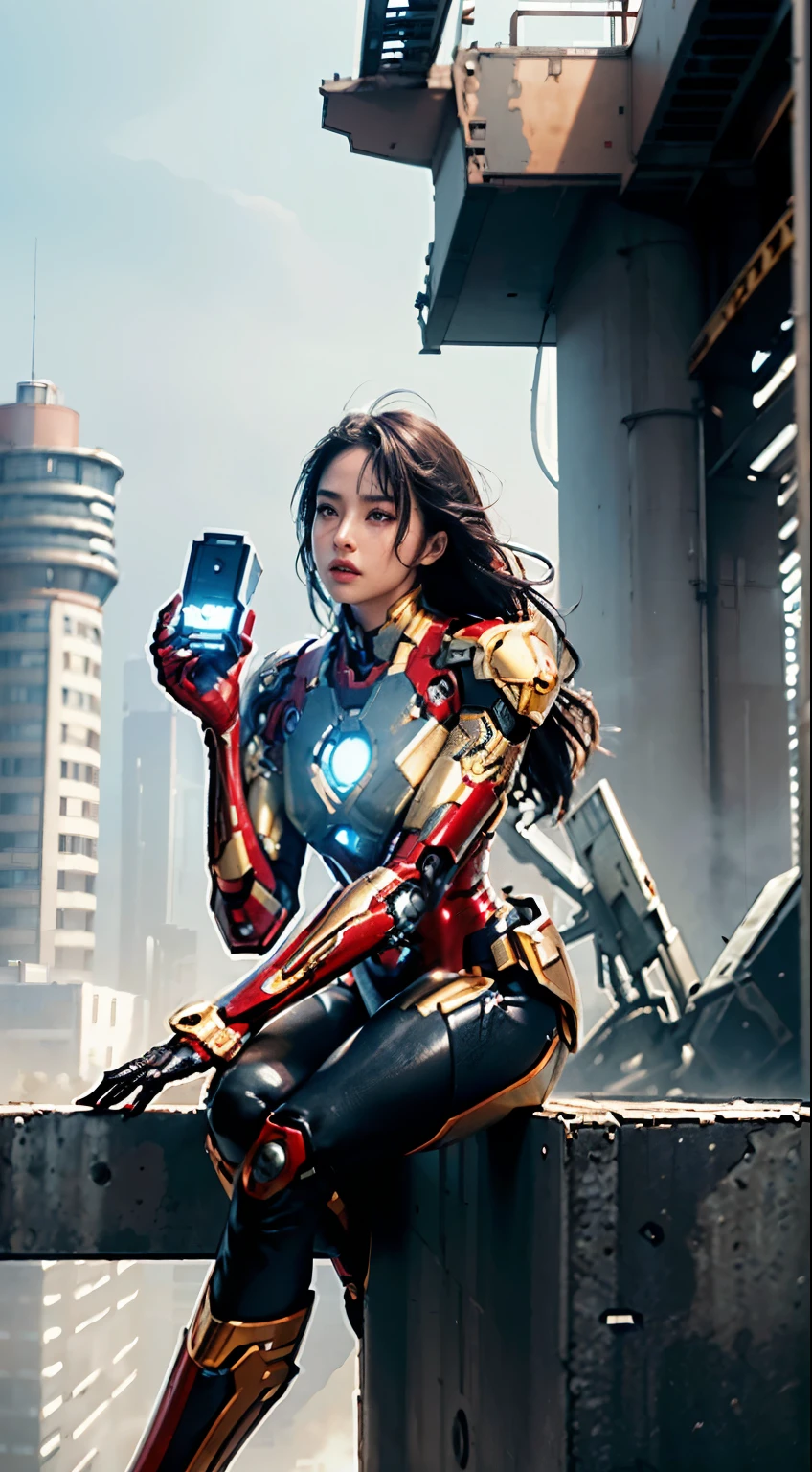 RAW, Masterpiece, Ultra Fine Photo,, Best Quality, Ultra High Resolution, Photorealistic, Sunlight, Full Body Portrait, Stunningly Beautiful,, Dynamic Poses, Delicate Face, Vibrant Eyes, (Side View) , she is wearing a futuristic Iron Man mech, red and gold color scheme, highly detailed abandoned warehouse background, detailed face, detailed and complex busy background, messy, gorgeous, milky white, high detailed skin, realistic skin details, visible pores , sharp focus, volumetric fog, 8k uhd, dslr camera, high quality, film grain, fair skin, photorealism, lomography, sprawling metropolis in futuristic dystopia, view from below, translucent
