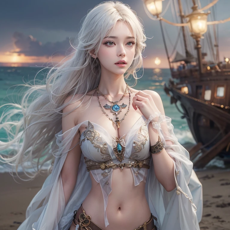 (masterpiece:1.3), (8k, Realistic, RAW Photos, Best image quality: 1.4), Fair-skinned fairy woman、Long Hair、Cleavage:2.0、Highly detailed face、Attention to detail、double eyelid、Chest to chest、Sharp focus:1.2、Beautiful woman:1.4、Silvery white hair、highest quality、masterpiece、超A high resolution、(Realistic:1.4)、Highly detailed and professionally lit smiles、Loose, Light, steampunk、Shoulders out、thin、Serious expression、Short-haired、Deadly position, one person、whole body,Walking on the beach、Gorgeous Necklace、