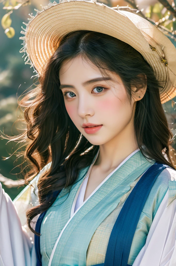 ( masterpiece, top quality, best quality,8k,years old girl,ultra detailed,raw photo:1.5),(photorealistic:1.4), (cinematic lighting), PerfectNwsjMajic, , Surrealism, UHD, ccurate, Super detail, textured skin, High detail, Best quality, dynamic angle, White skin,[Beautiful blue eyes], high nose,(1girl),(good anatomy:0.5)), Dreamy atmosphere,expressive brush strokes, mystical ambiance, Artistic interpretation, a whimsical illustration, Subtle colors and tones, mystical aura, Woman wearing traditional Korean costume,(hanbok:1.3), Joseon dynasty, jeogori,chima,and the po,portrait,(hairstyle1.5), flower,warm sun,face, tender 