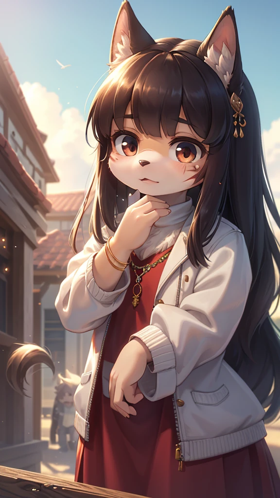 Unrealistic Perspective , dynamic angle , Composition using the rule of thirds , Bokeh , dynamic model action , realistic hairy fur , round face , moist round eyes , Swollen cheeks , hair ties , Short stature , accidents , masterpiece, High resolution, screenshot, highest quality, One girl, (Scar on left eye), White cropped jacket, Very detailed, Three-part method, jewelry, Long Hair, bangs, Hair between the eyes