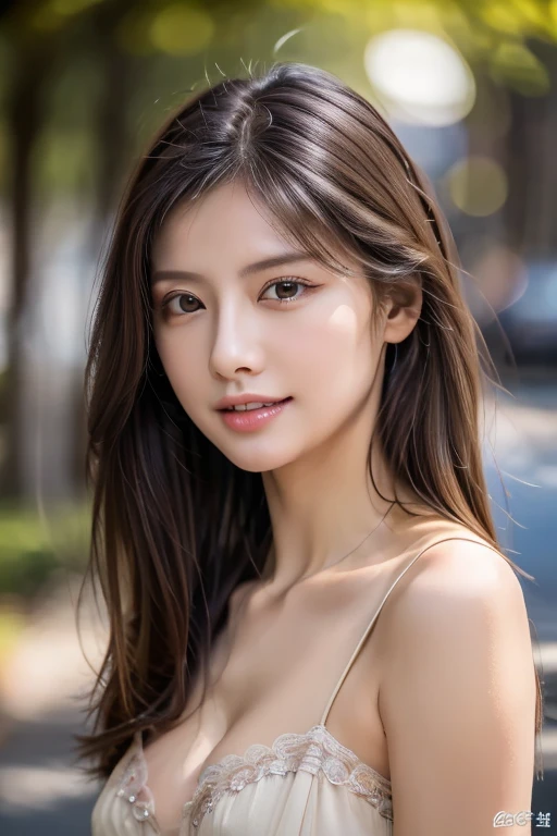 ((highest quality)), ((masterpiece)), (detailed), Perfect Face、Perfect body、Facing forward、Light brown hair、Beautiful Skin、Cleavage、girlfriend on date、Russian Beauty、(masterpiece:1.3), (8k, Photorealistic, Raw photo, Best image quality: 1.4), (Random Hairstyles:1.2)、Cleavage:1.2、Super detailed face、Attention to detail、double eyelid、Put your chest together、Sharp focus:1.2、Beautiful woman:1.4、Light brown hair、highest quality、masterpiece、 high resolution、(Photorealistic:1.4)、非常にdetailedでプロフェッショナルな照明の笑顔、Loose dress、Shoulders out、thin、Serious expression、Deadly position