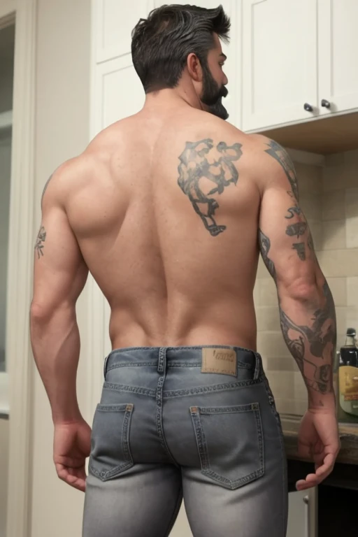 Troy Brandt, 45yo, short mustache and beard, wearing gray jeans, shirtless, backside 