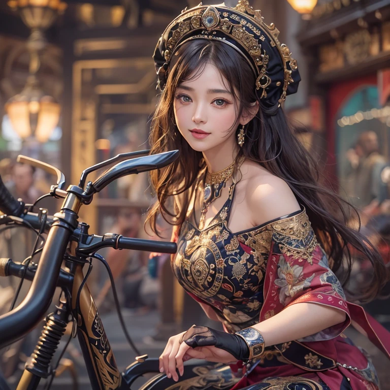 Ride an Antique Bicycle on Baker Street 、Hair flow、 ((highest quality、masterpiece、8k、Best image quality、Ultra-high resolution、Award-winning works)、(Accurate anatomy:1.1)、(Look at me and smile:1.1)、Shining fair skin with Ultra-high resolution、The most detailed face、Ultra-high resolution detailed face、Ultra-high resolutionの髪の毛、(Ultra-high resolutionの煌めく瞳:1.1)、Beautiful face drawn in every detail、(Blurred Background:1.1)、Ancient Islamic clothing, Chest to chest, tattoo,