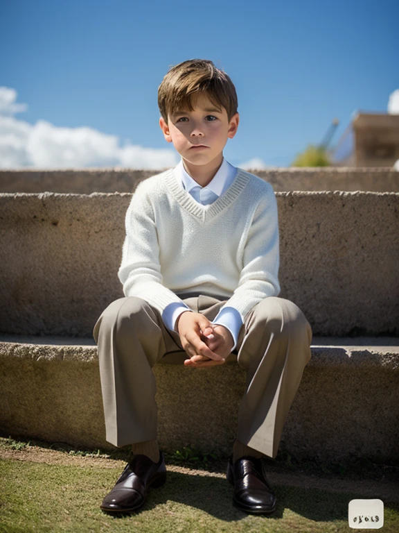 A boy, muy tierno y hermoso, shy and sad look, ojos azules, piel blanca, light brown hair, con camisa de vestir, Sweater, Formal trousers, bajo el cielo nublado, a la luz de dos velas