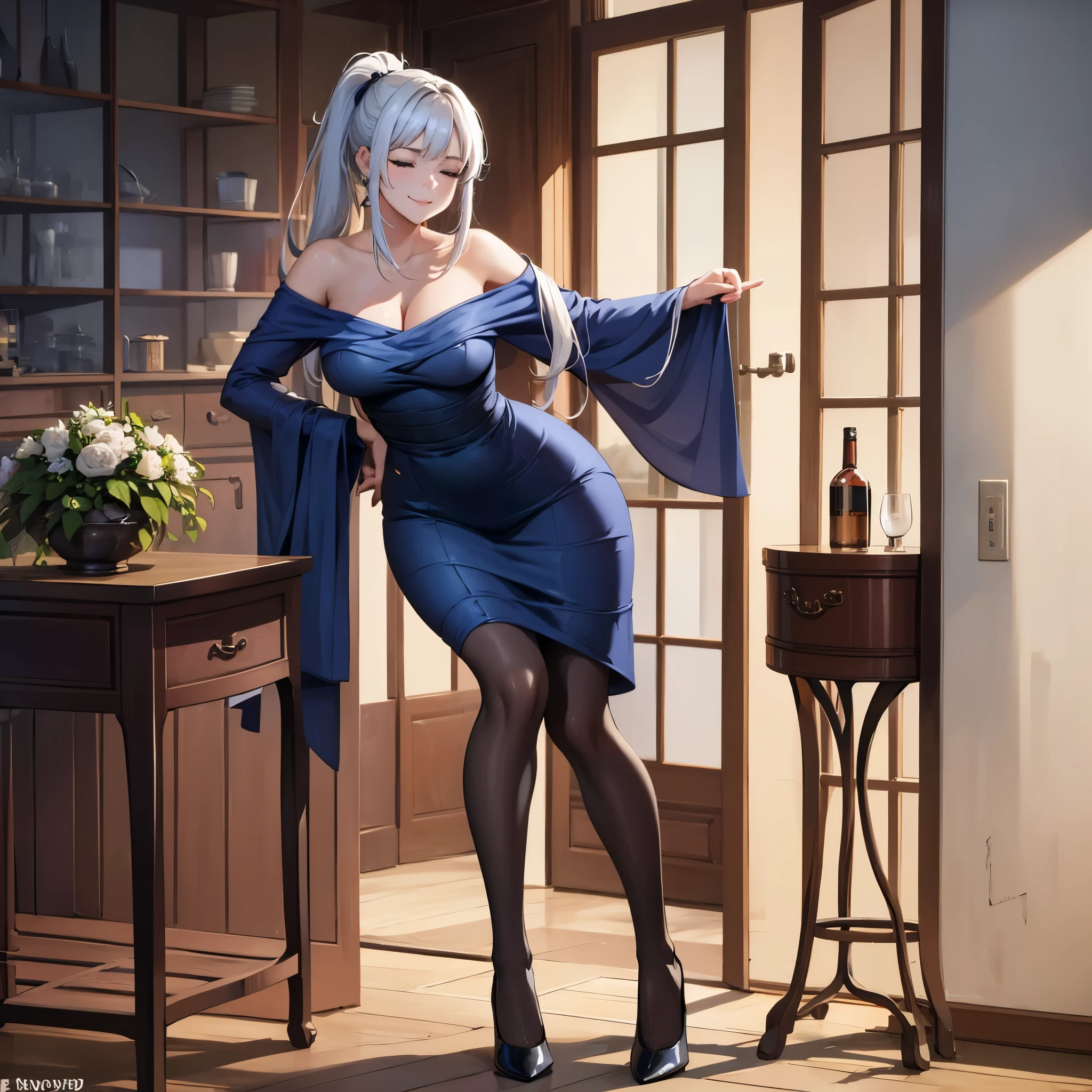 A woman wearing an oil blue dress, shoulders free, black heels, long white hair, ponytail hair, smiling, eyes closed, in a luxurious room, with gray wood wall, white marble floor,full body,stereogram, tachi-e, point of view, atmospheric perspective, 8k, superdetail, accurate, best quality, award-winning, textured skin, high resolution, anatomically correct, bokeh effect, ((woman solo).
