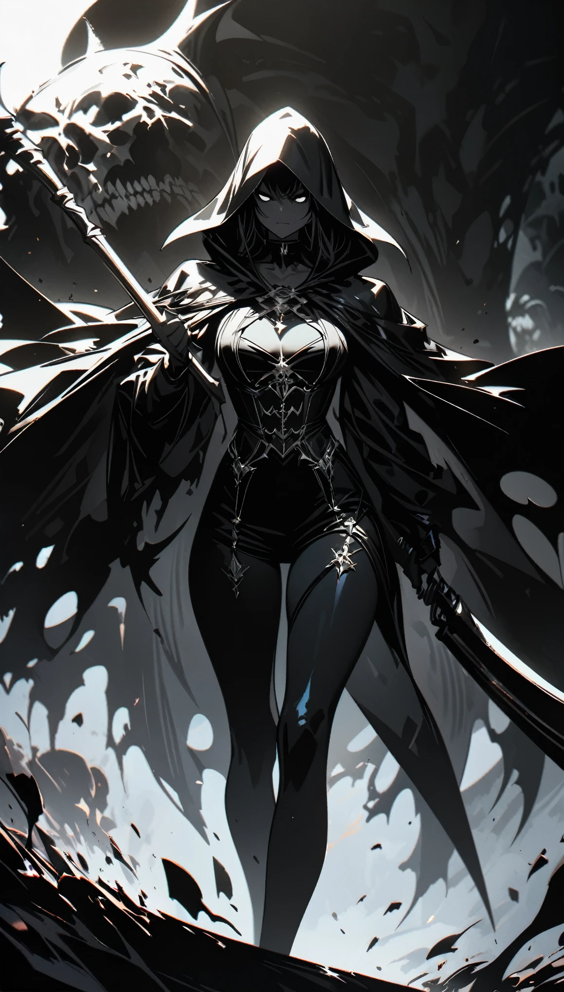 (high quality, 8k, 4K, High detail, High Contrast, masterpiece:1.2, 最high quality, Best aesthetics), ((Black female grim reaper:1.1)), Dark Color Palette, Black Death, Insufficient lighting, Devil's Drug, Magic circle and tapestry hanging on the wall, Summoned Grim Reaper, Long black hair, (Black Legal Uniform, Pale skin, Death Female), black magic, ((Alluring sexiness and elegance, Female Curves)), Overflowing energy, Black Death:1.2, Impressive fantasy art, Random Pause, Dutch Angle, Dilapidated Western-style building background, Ultra-fine Illustration.