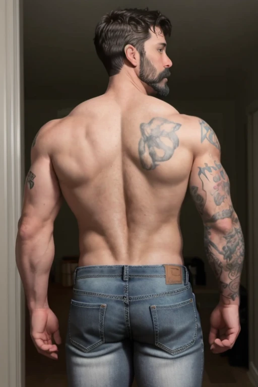 Troy Brandt, 45yo, short mustache and beard, wearing gray jeans, shirtless, backside 