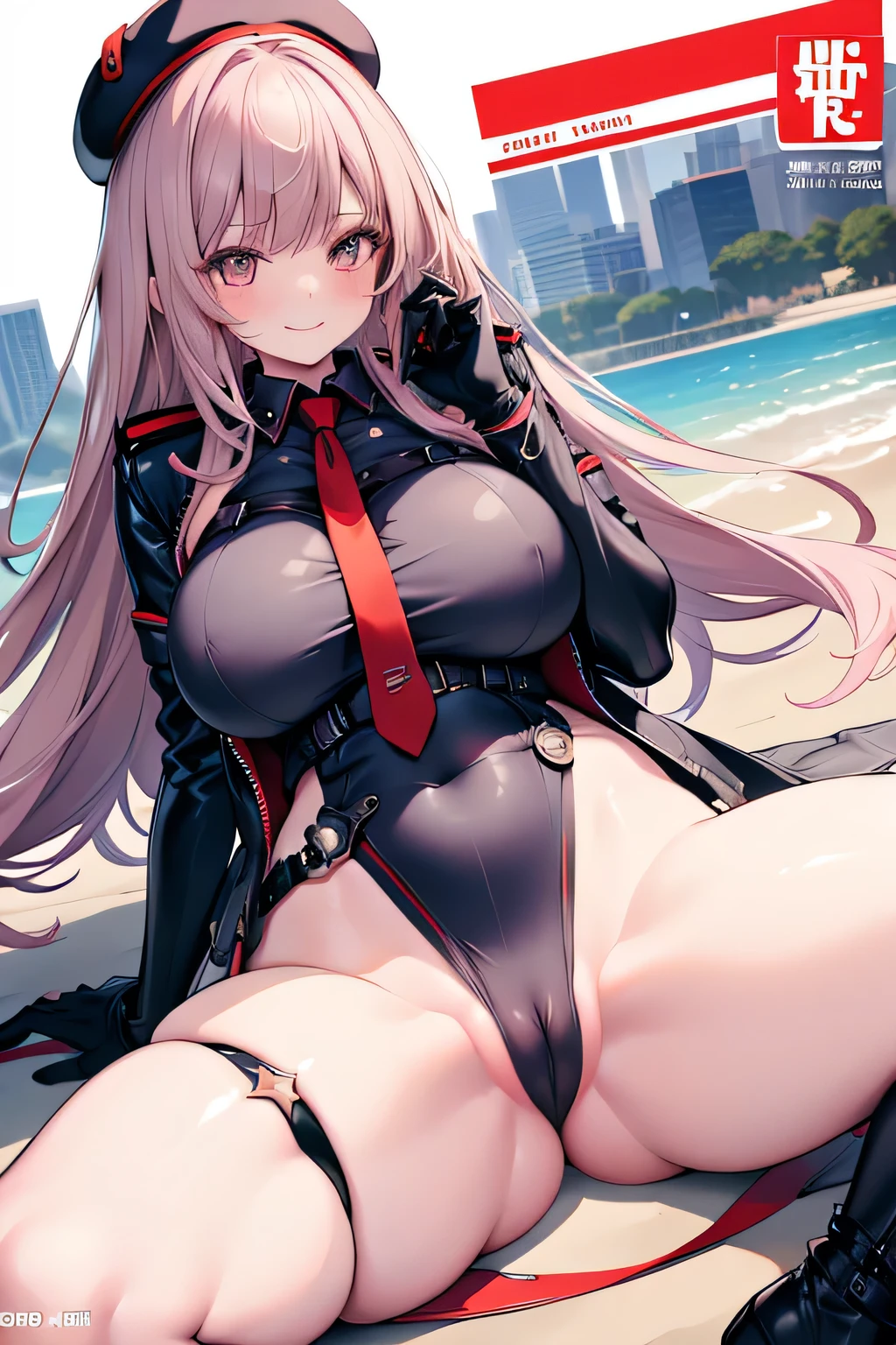 Erotic Anime Illustration、highest quality、Voluptuous female soldier、Perfect proportions、Near future city、smile、Half naked、Cowboy Shot、Sweaty、Military magazine cover、Heading、Stylish fonts、Exposing the vagina、Spread your legs