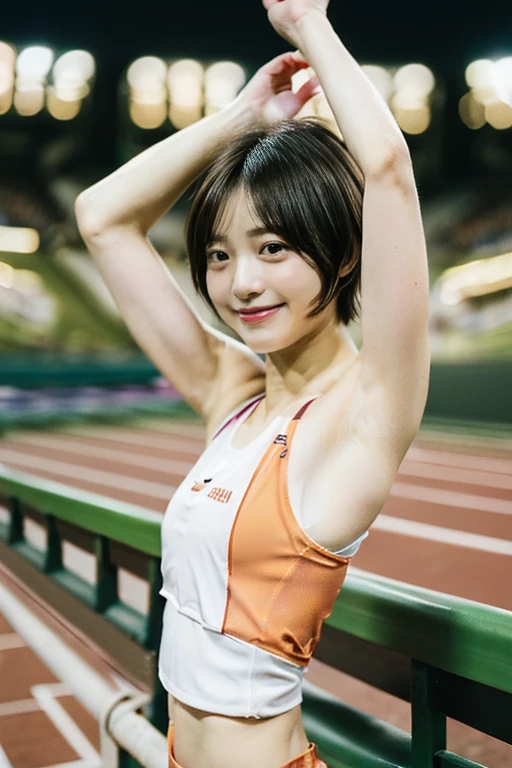 (table top:1.3), (8k, realistic, RAW photo, highest quality: 1.4), Japanese, beautiful face, (lifelike face), (short cut hair:1.3), realistic eyes, beautiful eyes, (real skin), beautiful skin, 超High resolution, Ultra-realistic, High resolution, beautiful japanese woman, (夜のathletics stadium, track and field track:1.5), athletics stadium, (Please show me your armpits:1.4), (put your hands behind your head:1.2), smile, 20 year old Japanese girl, show armpit hair,