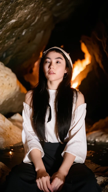 (best quality, masterpiece),  (1girl, solo,brown robe, expression face, looking away, sitting, wide sleeves, black eyes, closed mouth, ribbon shape fire on head, long hair, cowboy shot), (Monochrome, night sky at cave entrance , light rising from the bottom, inside Cave, floating glowing bunch of white particles, burning fire at hand, floating many small fires),