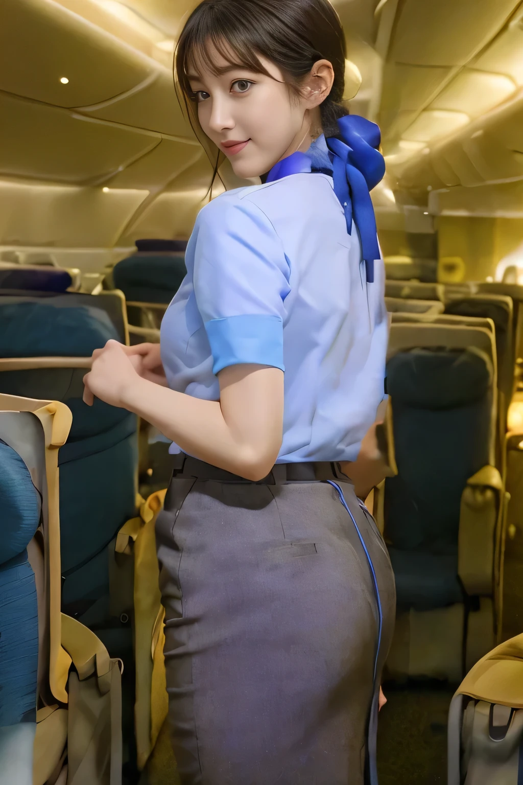 masterpiece:1.2、highest quality:1.2)、32K HDR、High resolution、(alone、1 girl、Slim figure)、（Realistic style wearing the ANA cabincrew uniform）、 (At the airport counter, Professional Lighting)、A proper woman, Beautiful Face,、（ANA cabincrew uniform）、（Short sleeve light blue blouse）、（ANA cabincrew uniform skirt with blue line on the back）、（Scarf around the neck）、Big Breasts、（Long hair updo、Chignon）、Dark brown hair、Long Shot、（（Fine hand：2.0））、（（Harmonious body proportions：1.5））、（（Normal limbs：2.0））、（（Normal finger：2.0））、（（Delicate eyes：2.0））、（（Normal eyes：2.0））)、Beautiful back view、smile