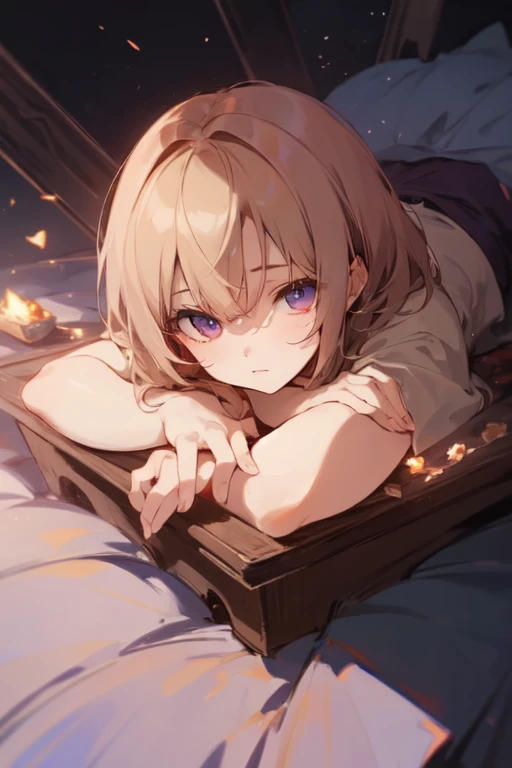 (absurdres), (perfect anatomy), (ingenious angle), (purple painting), like a dream, beautiful composition, RAW photo, extremely delicate and beautiful, aesthetic, 1 people, girl, medium hair, beige hair, lying down, freefall Position, from above, jeweled background, sparkling, warm atmosphere, emotional, perfect composition, trending pixiv fanbox, clear eyes, anime hand drawn illustration,