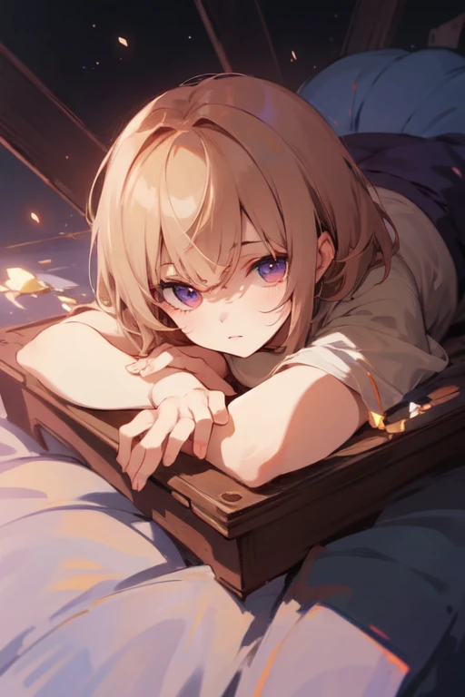 (absurdres), (perfect anatomy), (ingenious angle), (purple painting), like a dream, beautiful composition, RAW photo, extremely delicate and beautiful, aesthetic, 1 people, girl, medium hair, beige hair, lying down, freefall Position, from above, jeweled background, sparkling, warm atmosphere, emotional, perfect composition, trending pixiv fanbox, clear eyes, anime hand drawn illustration,