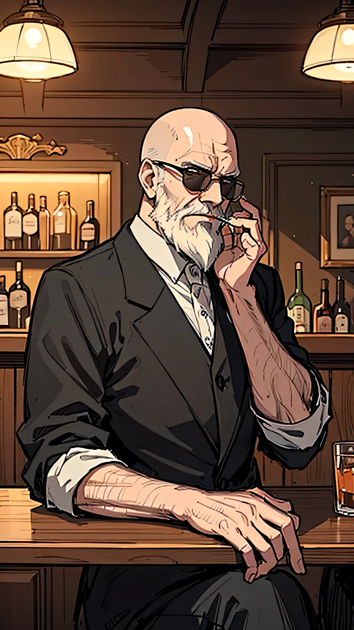 ((best quality)), ((masterpiece)), 1man, old man, bald, wise bearded, scary looking, wearing posh outfit, sitting at the counter, inside a bar, few shots, dark interior, few lights, wearing dark shaded glasses