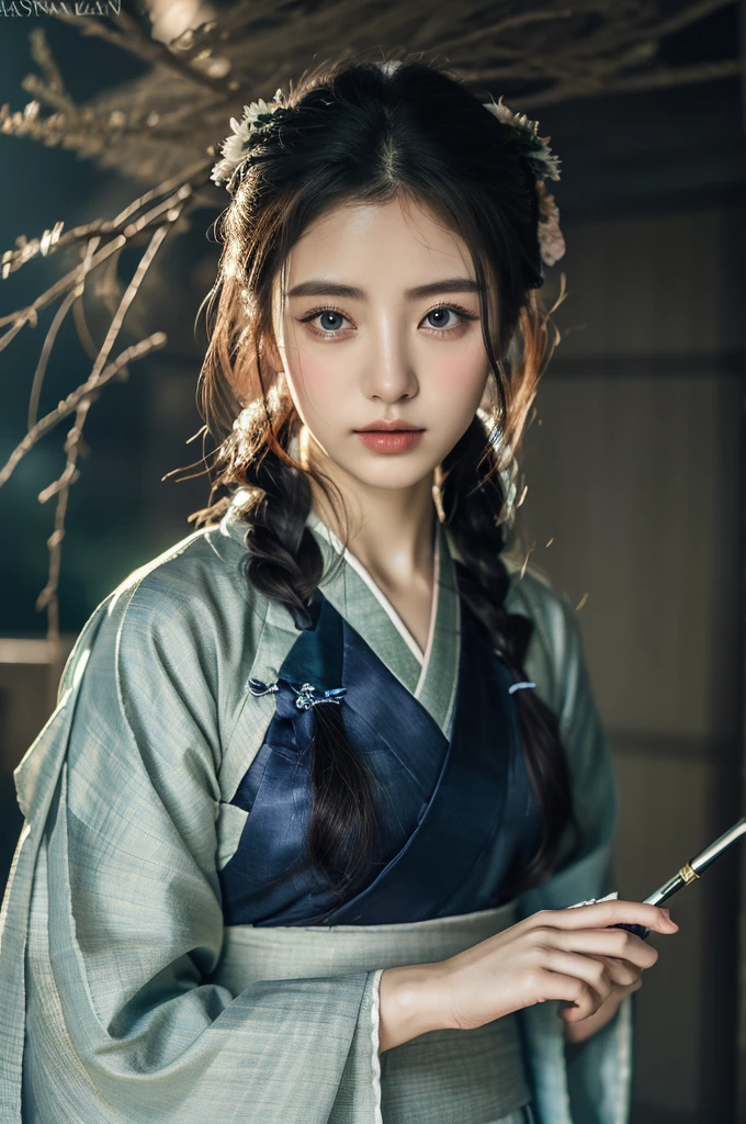 ( masterpiece, top quality, best quality,8k,years old girl,ultra detailed,raw photo:1.5),(photorealistic:1.4), (cinematic lighting), PerfectNwsjMajic, , Surrealism, UHD, ccurate, Super detail, textured skin, High detail, Best quality, dynamic angle, White skin,[Beautiful blue eyes], high nose,(1girl),(good anatomy:0.5)), Dreamy atmosphere,expressive brush strokes, mystical ambiance, Artistic interpretation, a whimsical illustration,dark, Subtle colors and tones, mystical aura, Woman wearing traditional Korean costume,(hanbok:1.3), Joseon dynasty, jeogori,chima,and the po,portrait, assassin, small knife, strong 