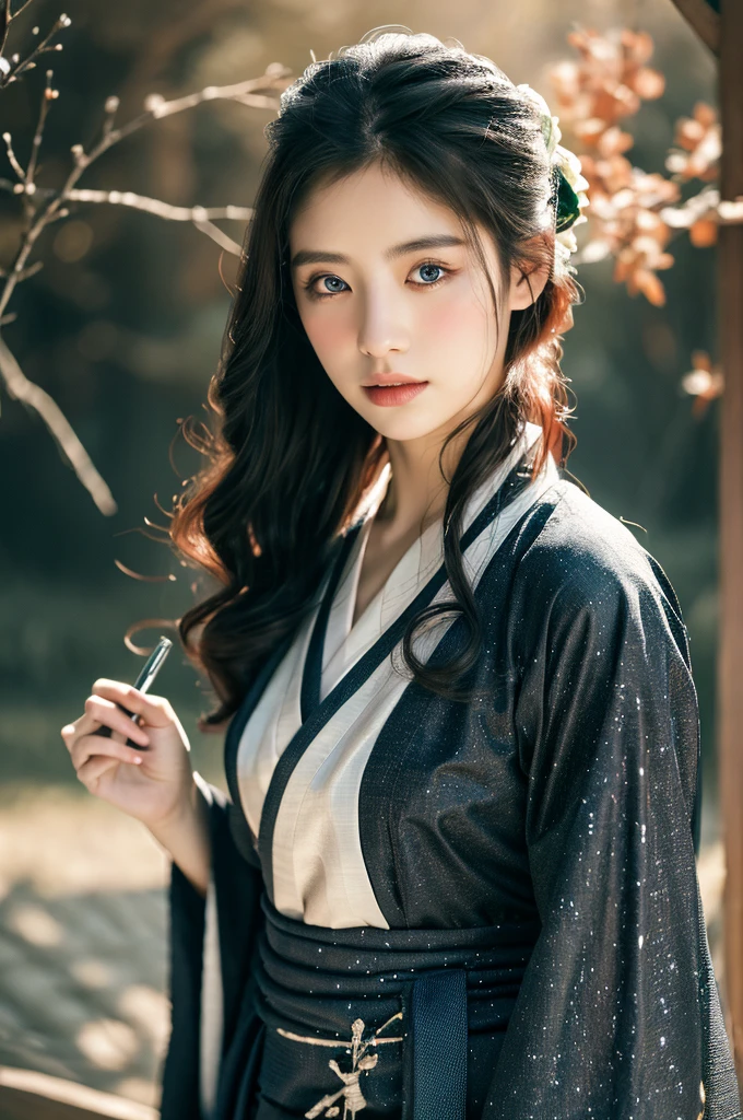 ( masterpiece, top quality, best quality,8k,years old girl,ultra detailed,raw photo:1.5),(photorealistic:1.4), (cinematic lighting), PerfectNwsjMajic, , Surrealism, UHD, ccurate, Super detail, textured skin, High detail, Best quality, dynamic angle, White skin,[Beautiful blue eyes], high nose,(1girl),(good anatomy:0.5)), Dreamy atmosphere,expressive brush strokes, mystical ambiance, Artistic interpretation, a whimsical illustration,dark, Subtle colors and tones, mystical aura, Woman wearing traditional Korean costume,(hanbok:1.3), Joseon dynasty, jeogori,chima,and the po,portrait, assassin, small knife, strong 